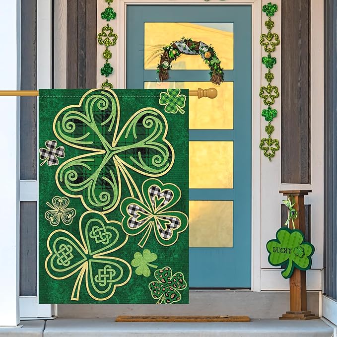 Louise Maelys Welcome St. Patrick's Day Garden Flag 28x40 Double Sided with Tag, Burlap Spring Large Lucky Shamrock Clover Yard Sign Buffalo Plaid Home Outside Outdoor Decor
