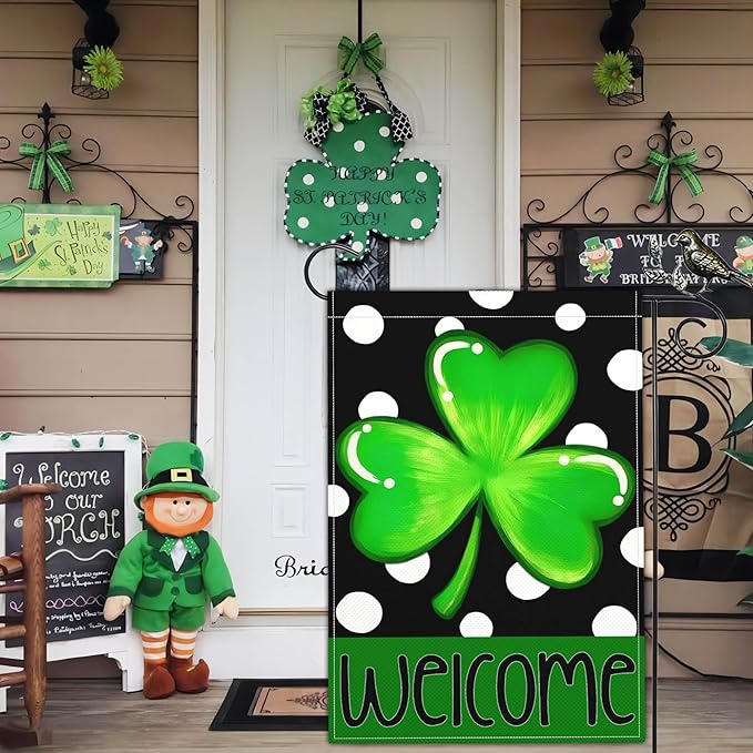 St Patricks Day Garden Flag Shamrock Lucky Irish Blessing Garden Flag Happy St Patrick's Day Yard Decor Garden Flags for Outside 12×18 Inch Double Sided Outdoor House Holiday Decorations