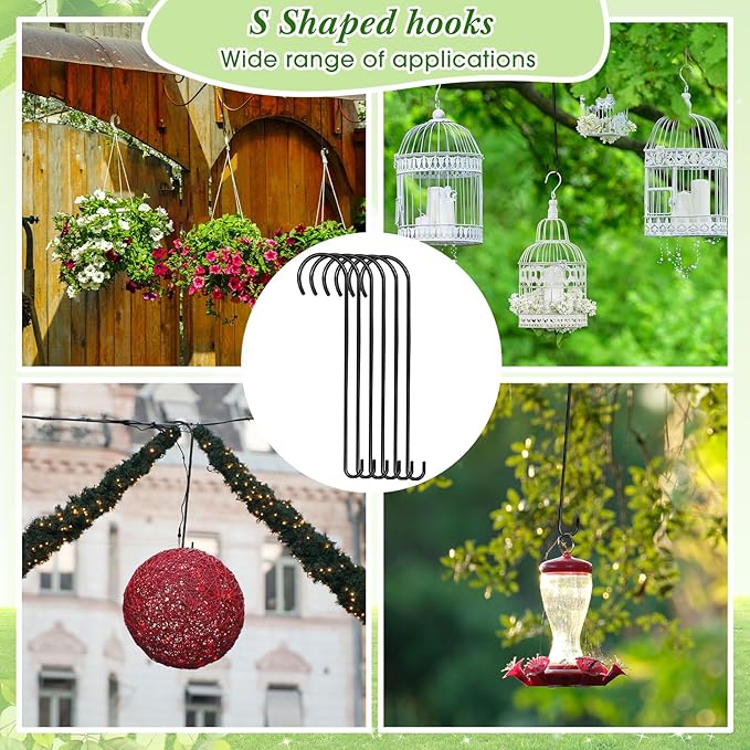 6 Pack 24 Inch Long S Hooks for Hanging Plants, Heavy Duty Metal Tree Branch Hangers Extenders for Bird Feeders Flower Baskets Wind Chimes Black Vinyl Coated Garden Hook