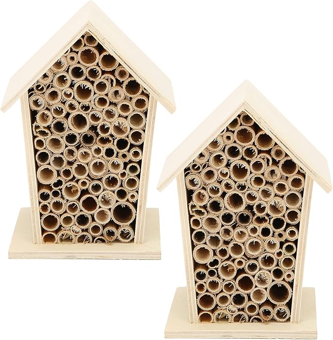 Native Hive Wooden Bee House, Natural Handmade Wooden Bee Box Habitat with Bamboo Tubes,Insect House Shelter for Attracting Peaceful Bee Pollinators (2PCS)