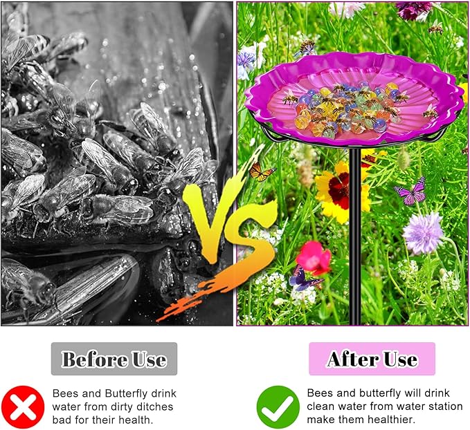 Bee Butterflies Watering Station, Standing Bee Feeder with Glass Marbles for Outside, Bee Bath Feeder with Metal Stakes Butterfly Puddler Garden Yard Déco (Rose)