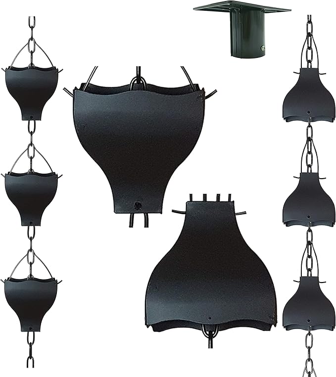Original 9FT Black Tulip Iron Rain Chains for Gutter and Rain Barrel, Replacement for Downspout, Rust-Resistant Plated Garden Décor Rain Chain, Bonus Rain Chain Gutter Adapter, Earrings for House