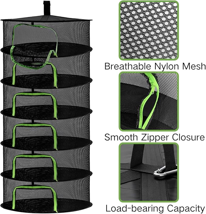 Coloch 6 Layer Herb Drying Rack with Zipper, Foldable Food Drying Net Collapsible Hanging Seed Drying Mesh with Garden Shear, Hook, Bag, for Plant, Seed, Bud, Fruit, Food, 23.6”x47”