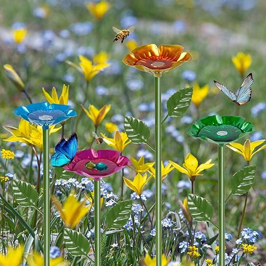 Bee Watering Station for Garden 4 Packs Metal Bee Feeder Cups with Colorful Flower Design,Butterfly Bee Bath Bowl for Outdoor Garden Yard Decor(Red,Green,Blue,Yellow)