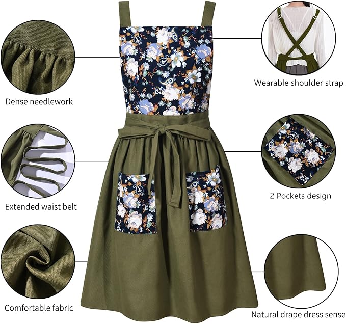 Vintage Pinafore Apron Dress for Women with Pockets Cute Floral Chef Aprons for Kitchen Cooking Baking Gardening