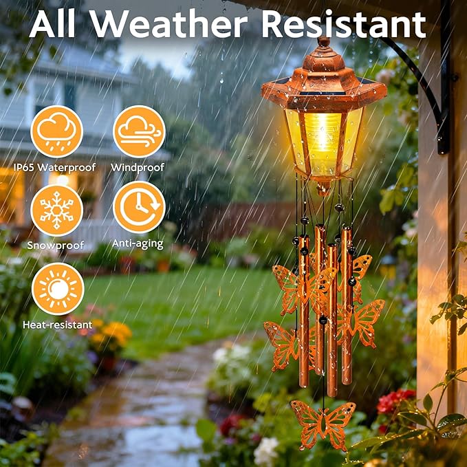 Large Solar Butterfly Wind Chimes with Wind Catcher/Solar Decor Light to Create a Zen Atmosphere Suitable for Outdoor, Garden, Patio Decor Classic Bronze Wind Chimes as A Memorial Gift for Unisex