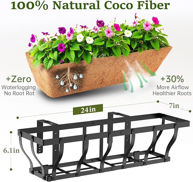 Railing Planter Boxes, Heavy Duty Window Box Planters, Adjustable Balcony Planters for Railing Hanging, with Coco Liner & Support Rod for Deck, Porch, and Patio Gardening (2 Pack, 24 Inch)