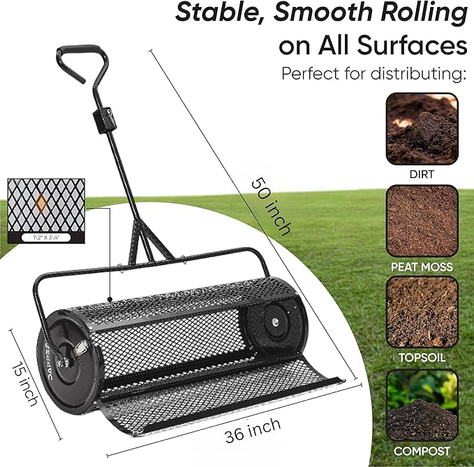 Compost Spreader 36 Inch Towable Peat Moss Spreader, Heavy Duty Rust-Resistant Steel Frame Roller Lawn Spreader for Top Soil, Manure, Mulch, Top Dressing - Garden Spreaders for Lawns