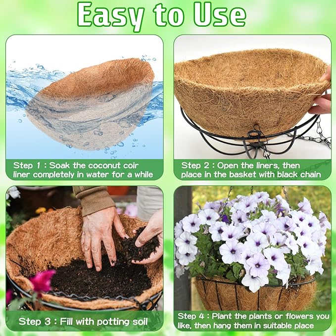 ZeeDix 2 Pack 14 Inch Metal Hanging Baskets for Plants Outdoor, Wire Round Planters with Coco Coir Liner, Hanging Flower Baskets for Home Garden Porch Balcony Railings Decor
