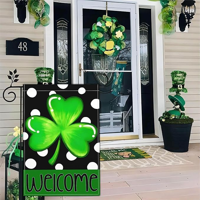 St Patricks Day Garden Flag Shamrock Lucky Irish Blessing Garden Flag Happy St Patrick's Day Yard Decor Garden Flags for Outside 12×18 Inch Double Sided Outdoor House Holiday Decorations