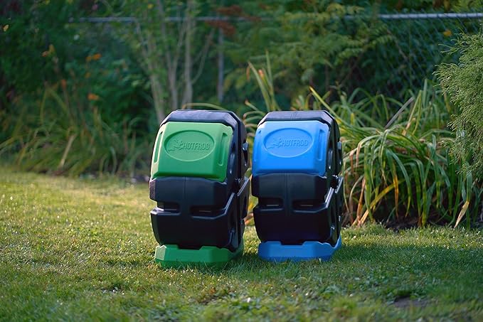 FCMP Outdoor HOTFROG Half Size Rolling Single Chamber Batch Tumbling Composter - Outdoor Rotating Garden Compost Bin (HF-RC2000WB-BLU) Black & Blue (19-Gallon)