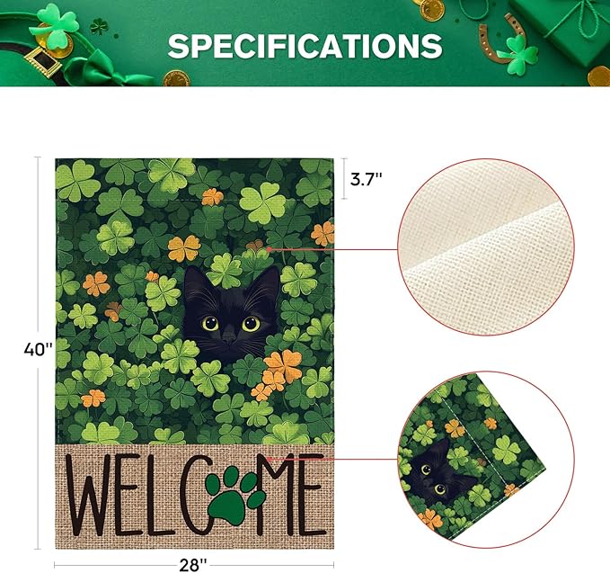 AVOIN colorlife St Patricks Day House Flag 28x40 Inch Double Sided Outside, Black Cat Welcome Shamrocks Holiday Yard Outdoor Flag