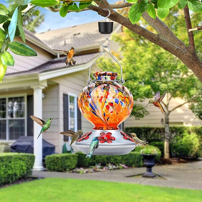 BOLITE Hummingbird Feeder, Hand Blown Glass Hummingbird Feeders for Outdoors Hanging, with 5 Feeding Ports, 22 Ounces, Peony Flower Shape, Orange, Gifts for Women Men, Gifts for Mom Dad