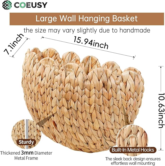 Scalloped Wall Basket,Boho Wall Decor Basket,Big Wicker Hanging Baskets for Nursery,Door,Plants,Mail,Natural Water Hyacinth