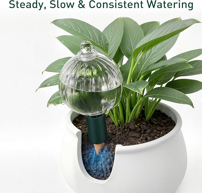 12 oz Plant Watering Globes Top Fill, Clear Glass Water Bulbs with Terracotta Spikes Stake, Vacation Slow Release Self Watering Planter Insert, Automatic Drip Device, 4 Pack