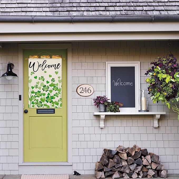 AVOIN colorlife St Patricks Day Welcome House Flag 28x40 Inch Double Sided Outside, Shamrocks Clovers Floral Yard Outdoor Decoration