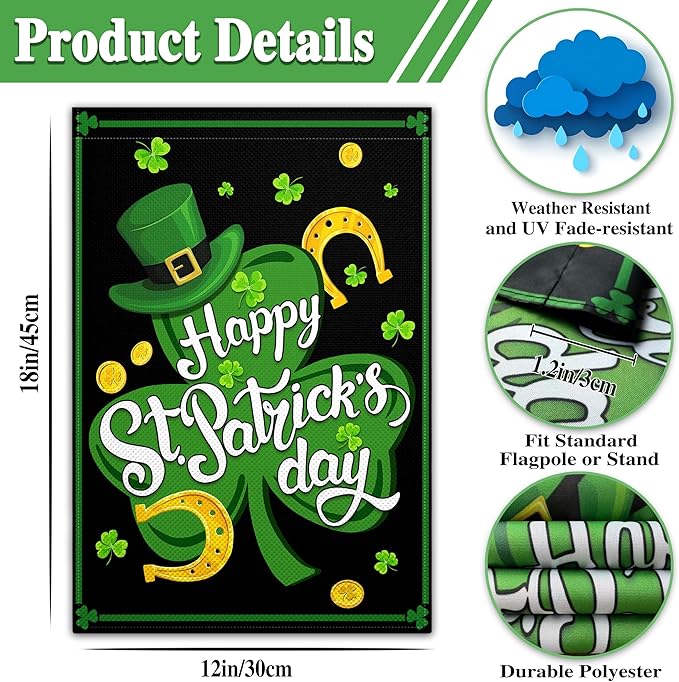 St Patrick'S Day Double Sided Garden Flags 12×18 Happy Shamrocks Garden Flag Clover Hat Gold Coins Flag for Outside Yard House Lawn Outdoor Holiday Sign Decor