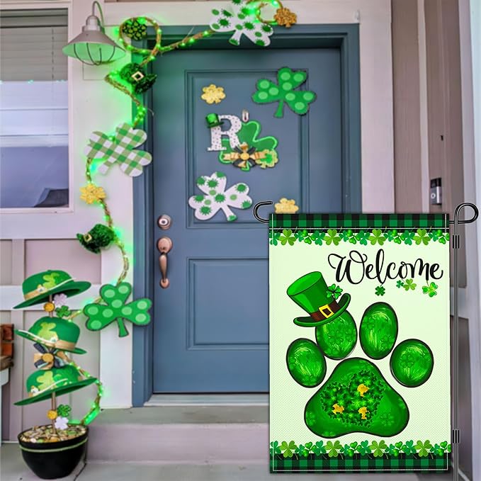 Welcome St Patricks Day Garden Flag Shamrock Irish Dog Paw Garden Flag Happy St Patrick's Day Yard Garden Flags for Outside 12×18 Inch Double Sided Outdoor House Holiday Decorations