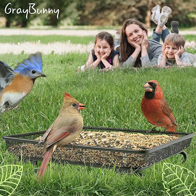 Gray Bunny Ground Bird Feeder Tray - Metal Platform Mesh Seed Tray for Standing Bird Feeders - Great Attracting Garden Yard Decoration for Wild Birds Squirrels Dove Cardinal Blue Jay Crows (11x11in)