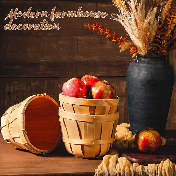 Eaasty 3 Pack Round Wooden Bushel Baskets Wood Fruit Buckets with Handle for Vegetable Snack Fall Holiday Farmhouse Garden Decoration, 4-quart Capacity, 6. 1 Inch Tall, 8 Inch Diameter
