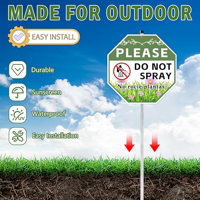 2 Pack 10" x 28" Do Not Spray Signs with Stake, Aluminum Garden Metal Signs for Outdoor Lawn, Bilingual Plant Sign in English and Spanish