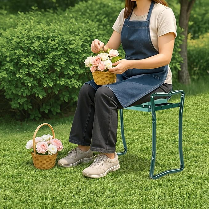 VINGLI 24in Foldable Garden Kneeler and Seat with Tool Pouch, 2-in-1 Function Portable Thicken Soft Kneeling Pad Garden Stool for Backyard, Green, Gifts for Garden Enthusiasts