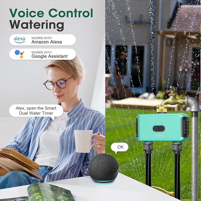 Smart Hose Watering Timer with Wi-Fi Hub, Automate Water & Sprinkler Schedules for Lawn, Garden, & Yard Care, Compatible with Alexa Green-Brass Inlet & Plastics Outlet (2-Outlet)