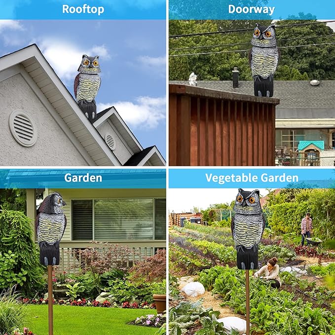 Owl Decoys to Scare Birds Squirrels Away, 360 Rotating Head Activated, Fake Owl Statues Repellent Pest Hawk Squirrel Cats Chickens Pigeon Bird Deterrents for Outside Garden Patios Backyard