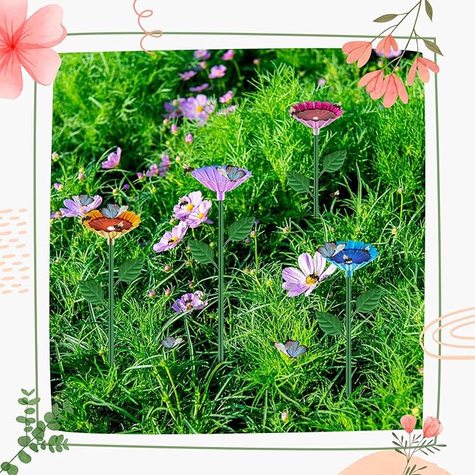 Tandefio 1 Pcs Bee Bath Watering Station, 25 x 2.6 Inch, Metal Flower Bee Feeder for Garden, Colorful Butterfly Feeder & Outdoor Pollinator Station for Birds, Bees & Butterflies(Blue)