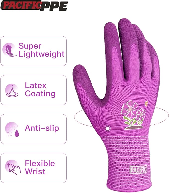 PACIFIC 6 Pairs Gardening Gloves for women, Rubber Coated Garden Gloves, Ladies Yard Work Gloves, Breathable, Purple, Medium
