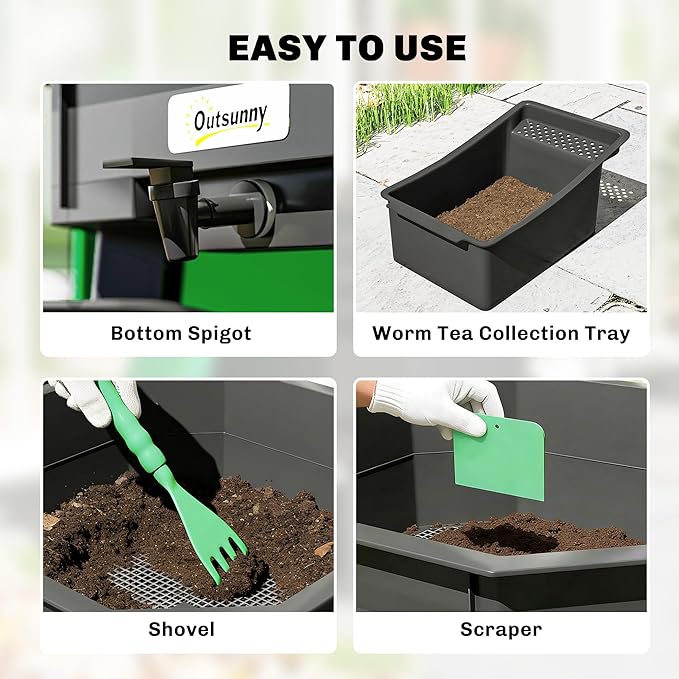Outsunny 4-Tray Worm Composter Bin, 7.4 Gal Outdoor & Indoor Worm Composter, Farm Starter Kits for Vermicomposting Starter, Garden Composting Bin for Recycling Food Waste, Dark Green