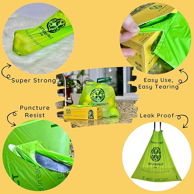 Extra Thick 1 MIL Compostable Trash Bags, Drawstring, 3.2 Gallon - Heavy Duty, Ultra Durable,Leak Proof, Kitchen Compost Bin Compatible, 50 Count