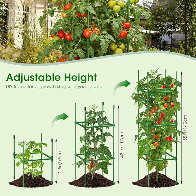 6 Pack Tomato Cages for Garden, Up to 55Inch Square Tomato Plant Cage, Upgraded Octagonal Connector, Heavy Duty Adjustable Tomato Stake Support for Garden Climbing Vegetables Flowers Fruits