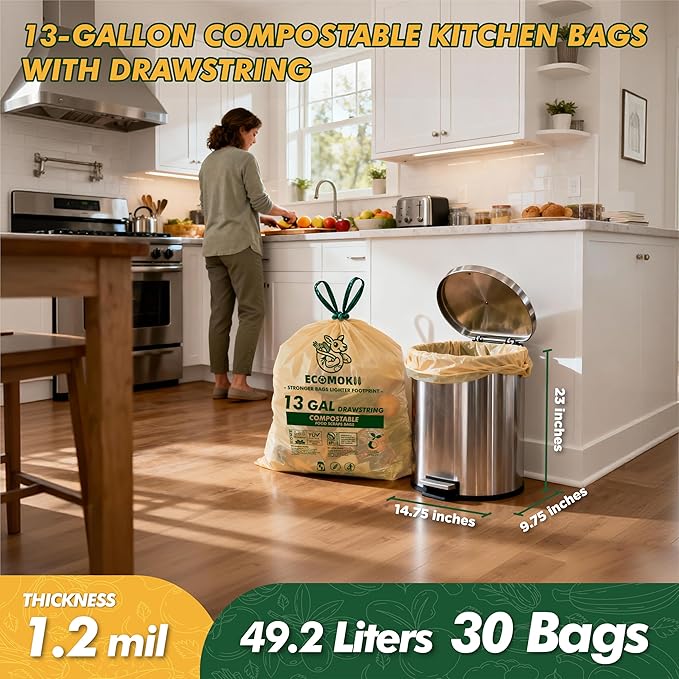 EcoMokii 13 Gallon Compostable Trash Bags with Drawstring, 30 Count, 49.2 Liter, 1.2 Mil Heavy Duty Extra Thick Large Kitchen Garbage Bin Liners, Compost Food Scraps Bag, BPI (ASTM D6400)