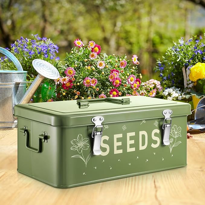 Seed Storage Organizer Box with 4 Compartments, Metal Seed Saving Box with Lockable Lid & Safety Locks, Includes 50 Seed Envelopes, 100 Plant Labels, 50 Clips & Marker (olive green)