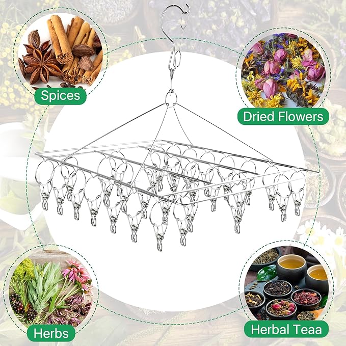 4 Pack Hanging Herb Drying Rack, Stainless Steel with 30 Hooks - Space Saving Herb Dryer for Fresh Herbs, Flowers, Tea & Culinary Herbs - Rustproof Kitchen & Garden Drying Rack
