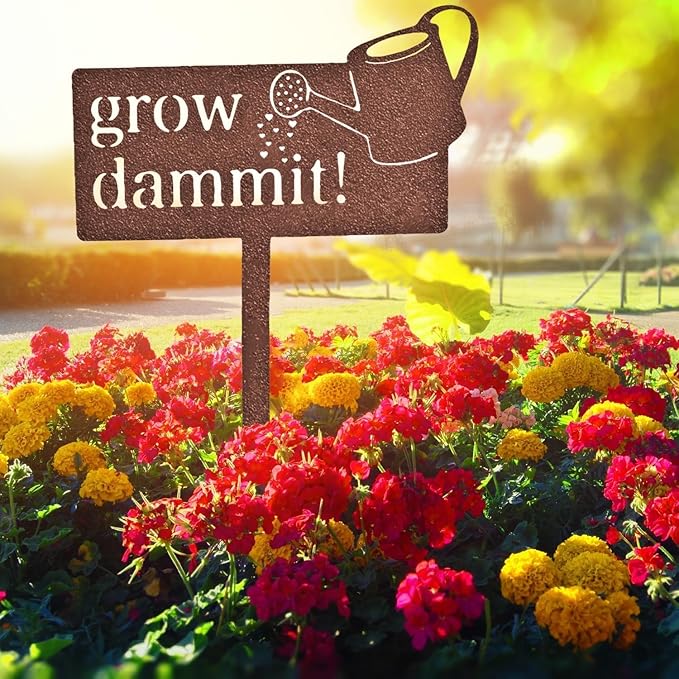 KRONLY Rustic Garden Sign Grow Dammit (17 x 8.66 inch) Rust Plug Weatherproof Garden Decor Outdoor Gardener Gifts for Women and Men