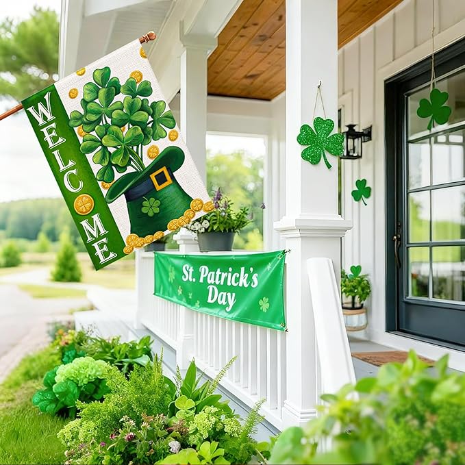 Welcome St Patricks Day House Flags Burlap 28x48 Double Sided, Green Hat Lucky Shamrocks Gold Coin Holiday Party Sign Large Flag Yard Outdoor Decor DF658-28