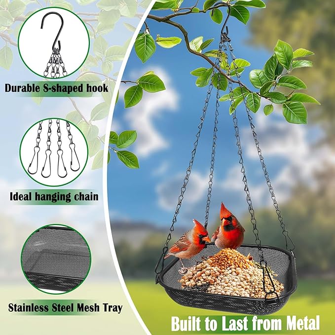 Platform Hanging Bird Feeder for Outdoors – Metal Mesh Seed Tray to Attract Wild Birds, Square 11 x 11 in, Black