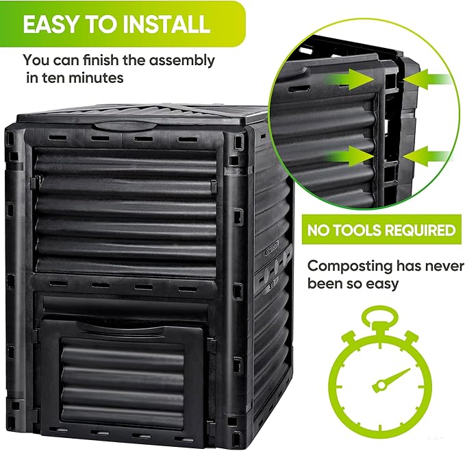 F2C Compost Bin 80 Gallon,Includes Gloves, Large Compost Bin w/Top Flip Latch-on Lid, Bottom Exit Door Aerating Outdoor Garden Compost Box,BPA Free Material for Backyard Outdoor, Black