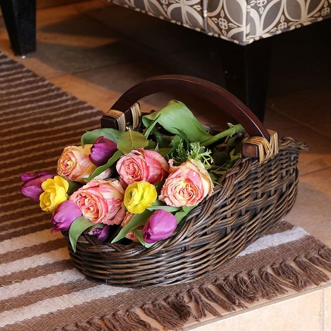 The Basket Lady Wicker Gathering Basket, Small, 18.5 in L x 10 in W x 9 in H, Antique Walnut Brown (Sold Individually)