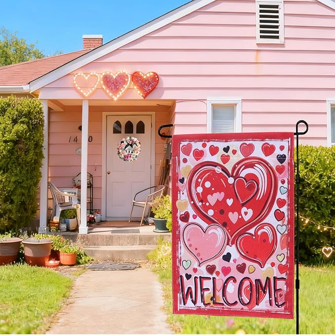 Valentine Garden Flags Decorations,12x18 Inch Vertical Double Sided Valentines Day Yard Decor Outdoor Welcome Hearts Anniversary Front House Lawn Outside Decors Garden Flag