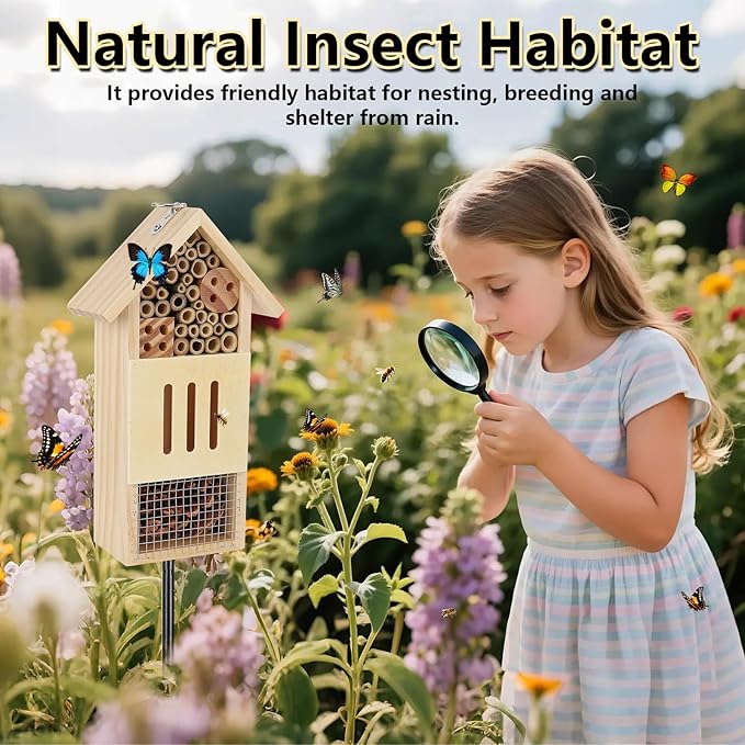 Wooden Insect House, Bee House with Metal Stake for Garden, Natural Ladbugs Habitat & Butterfly Hotel on The Ground or Hanging on Tree Wall (Pine, 4.13"x2.56" x10.63", 32'' H Stake)