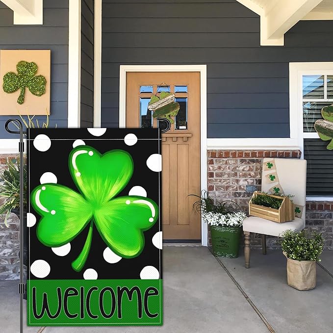 St Patricks Day Garden Flag Shamrock Lucky Irish Blessing Garden Flag Happy St Patrick's Day Yard Decor Garden Flags for Outside 12×18 Inch Double Sided Outdoor House Holiday Decorations