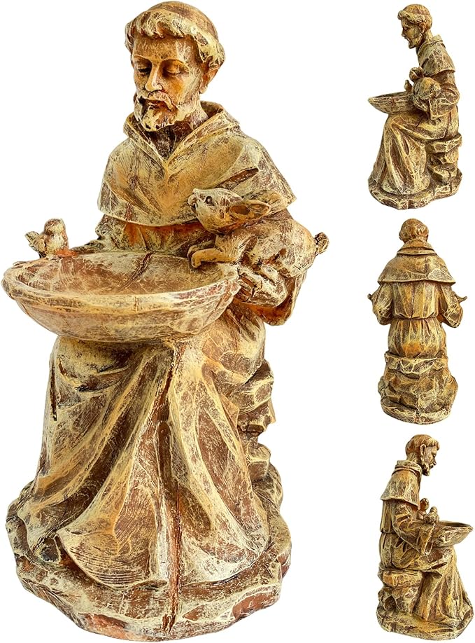 St. Francis of Assisi Garden Statue, Spiritual Bird Feeder, Blessing of Animals Decorative Accent for Outdoor Spaces, St. Francis Statue Souvenirs for Patron Saint of Animals, Franciscan Decor