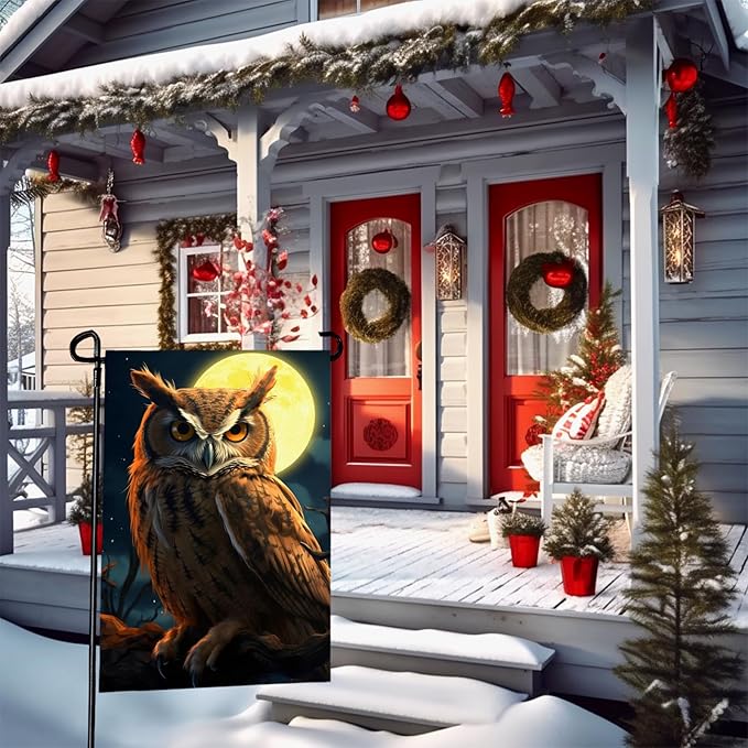 Owl Garden Flags 12x18 Double Sided Fake Owl Decoys to Scare Birds Squirrels Away Polyester Yard Flag Farmhouse Welcome Decoration Banners for Outdoor Yard Lawn Sign Decor