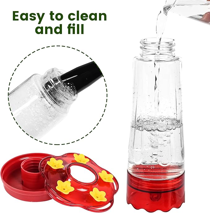 Glass Hummingbird Feeders for Outdoors Hanging Ant and Bee Proof, 2 Pack 15 Ounces Red Hummingbird Feeder with 5 Feeding Ports and Perches, Built-in Ant Moat, Outside Garden Décor (Glass, 2)