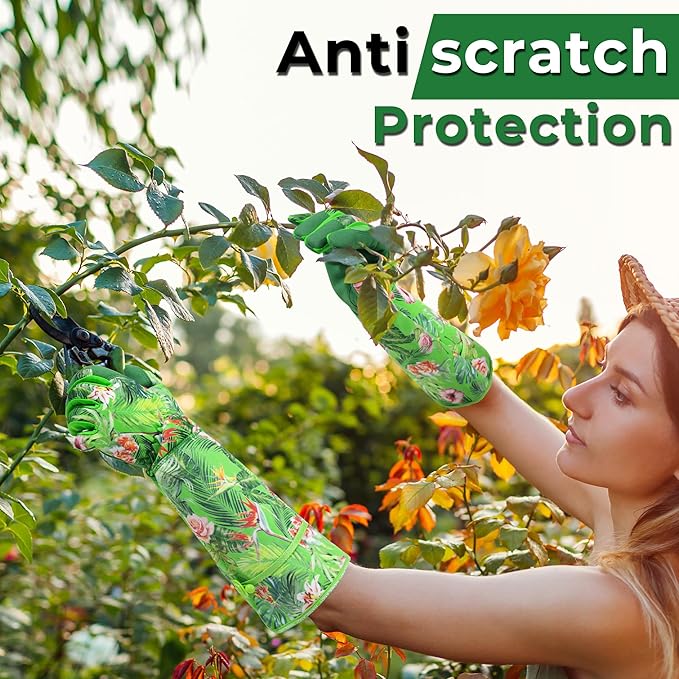 HANDLANDY Women Gardening Gloves, Scratch Resistant Breathable Ladies Rose Pruning Long Gauntlet Floral Print Garden Yard Gloves, Gift for Gardeners (Grass Green, L)