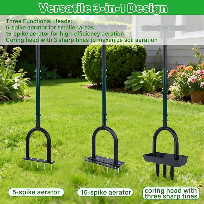 yofit 3-in-1 Manual Lawn Aerator Tool - Core & Spike Aerator with Changeable Heads (15 & 5 Spikes, Coring Head), Yard Aerators Tools with for Lawn Care, Grass Plug, Garden Soil (38.2 Inch)