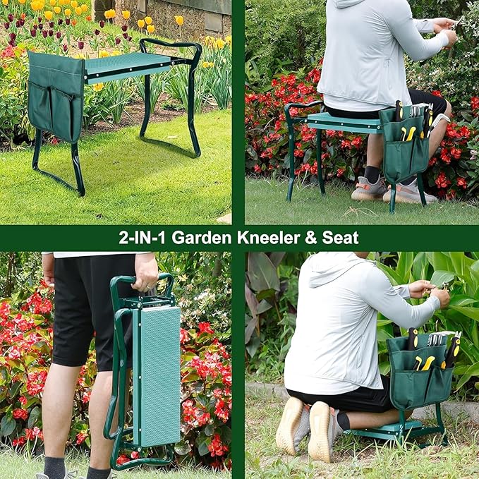 LEMY 2 in 1 Garden Kneeler and Seat - Portable Heavy Duty Folding Garden Stool for Women Men Seniors, w/EVA Foam Kneeling Pad, Removable Tools Pouches, Steel Frame,No Assembly